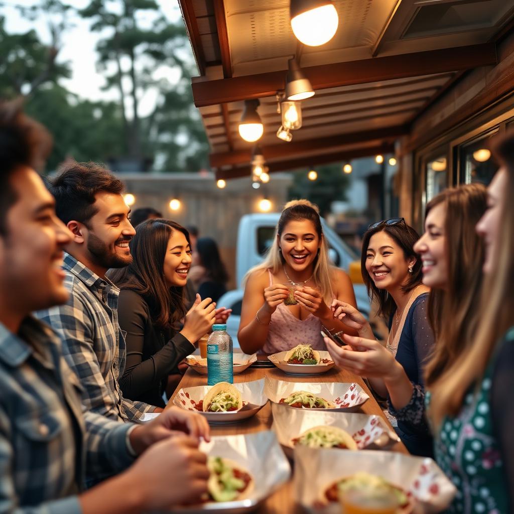 Happy customers eating tacos